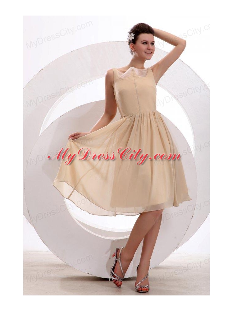 Champagne Bateau Ruching Prom Dress with Chiffon