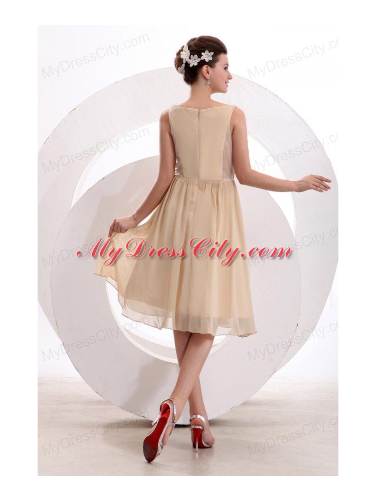 Champagne Bateau Ruching Prom Dress with Chiffon