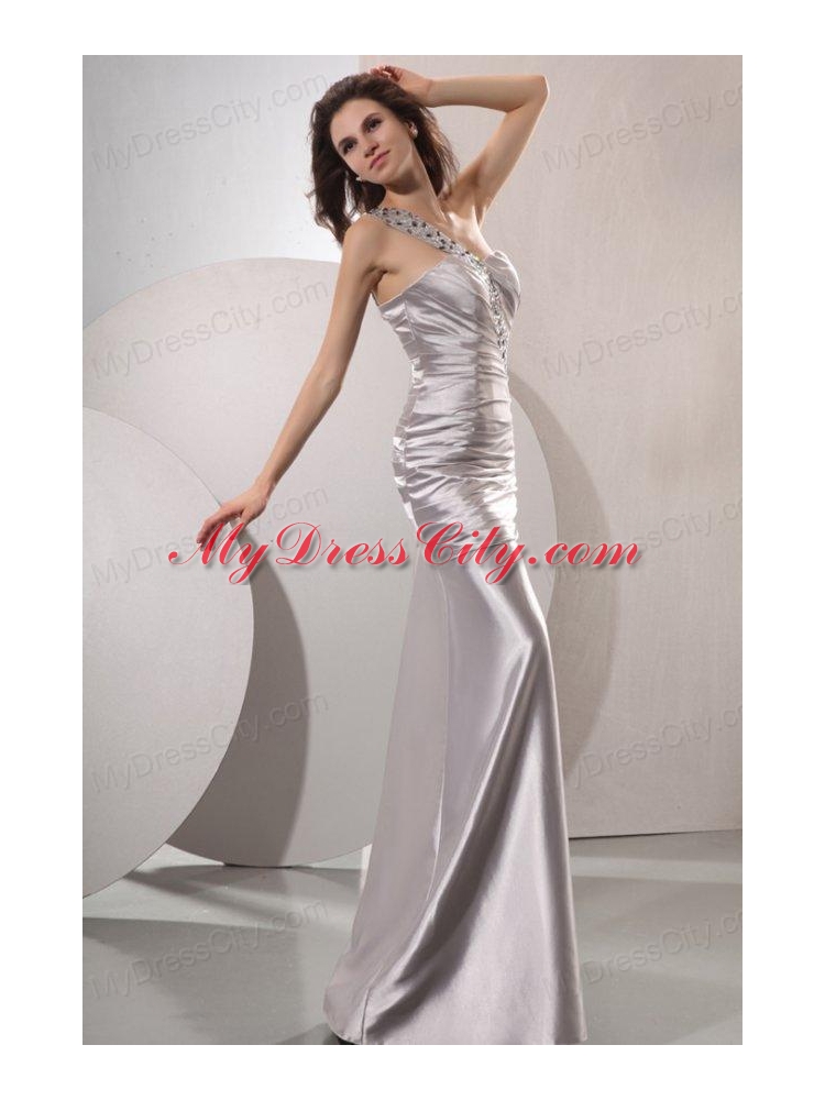 Column Beaded Decorate One Shoulder Long Prom Dress in Gray