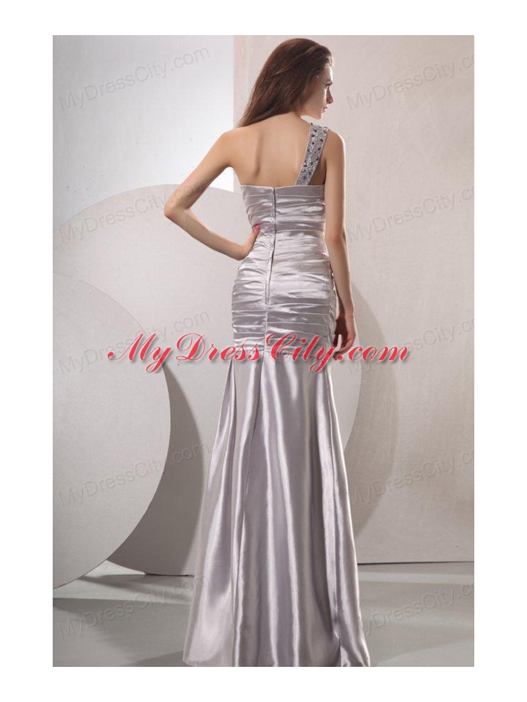 Column Beaded Decorate One Shoulder Long Prom Dress in Gray