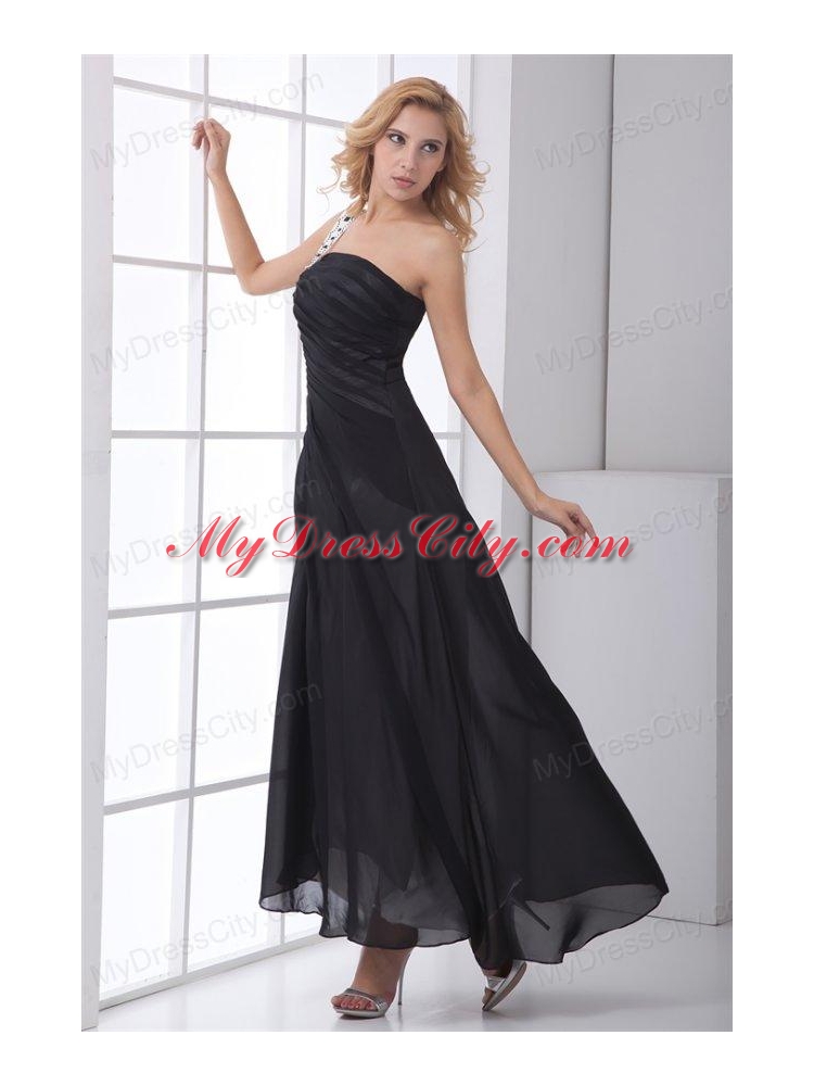 Column Black One Shoulder Ankle-length Chiffon Ruching Prom Dress