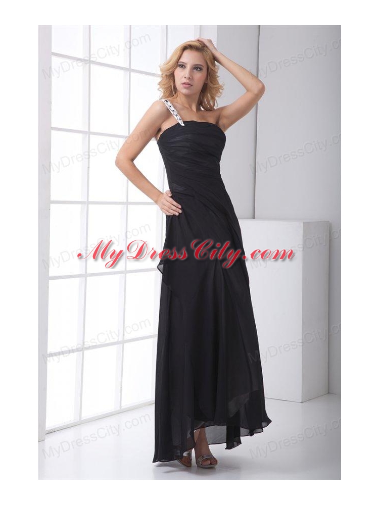 Column Black One Shoulder Ankle-length Chiffon Ruching Prom Dress