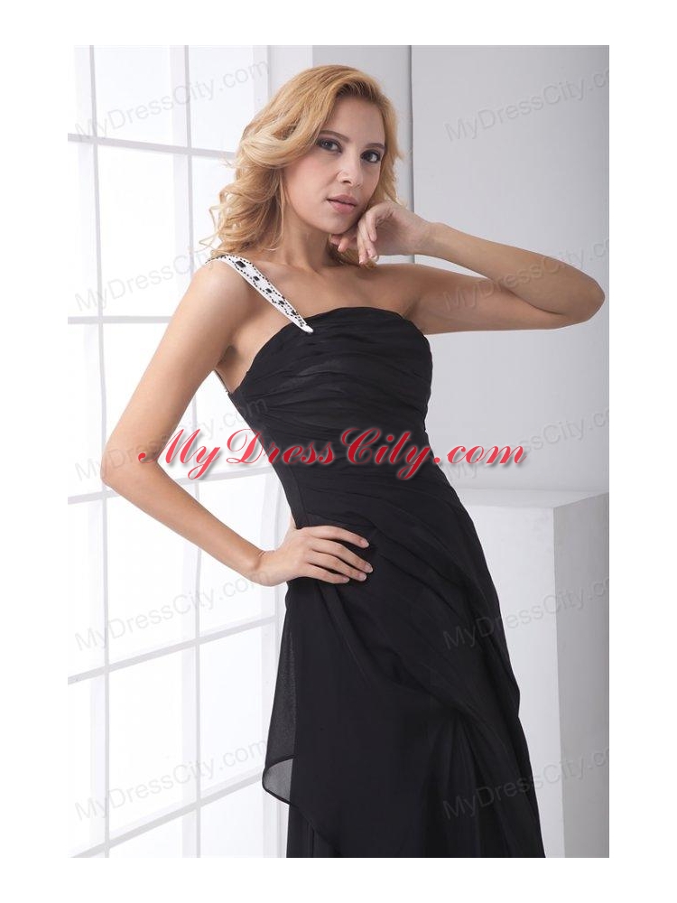 Column Black One Shoulder Ankle-length Chiffon Ruching Prom Dress