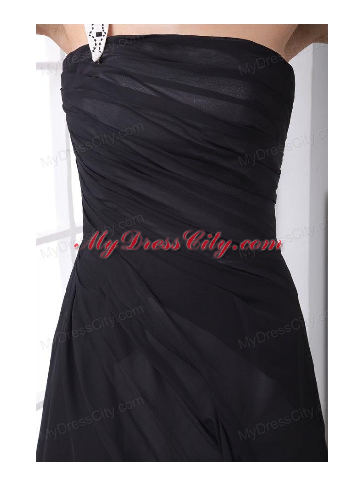 Column Black One Shoulder Ankle-length Chiffon Ruching Prom Dress