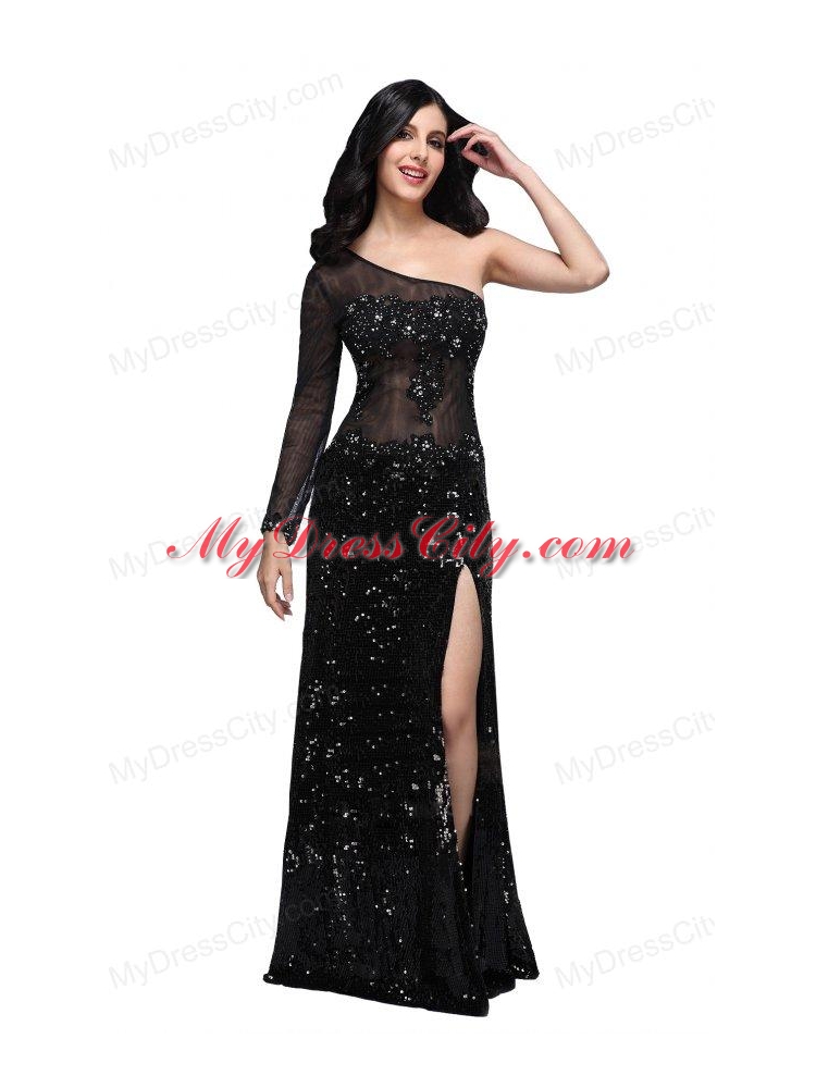 Column Black One Shoulder Long Sleeves Sequins High Slit Prom Dress