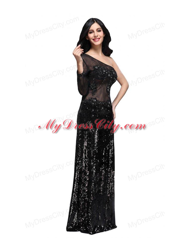 Column Black One Shoulder Long Sleeves Sequins High Slit Prom Dress