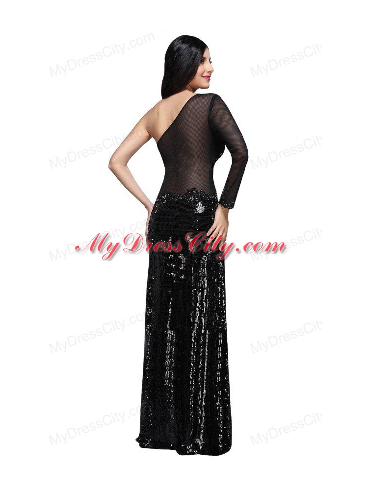 Column Black One Shoulder Long Sleeves Sequins High Slit Prom Dress