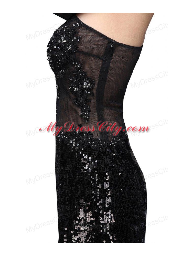 Column Black One Shoulder Long Sleeves Sequins High Slit Prom Dress