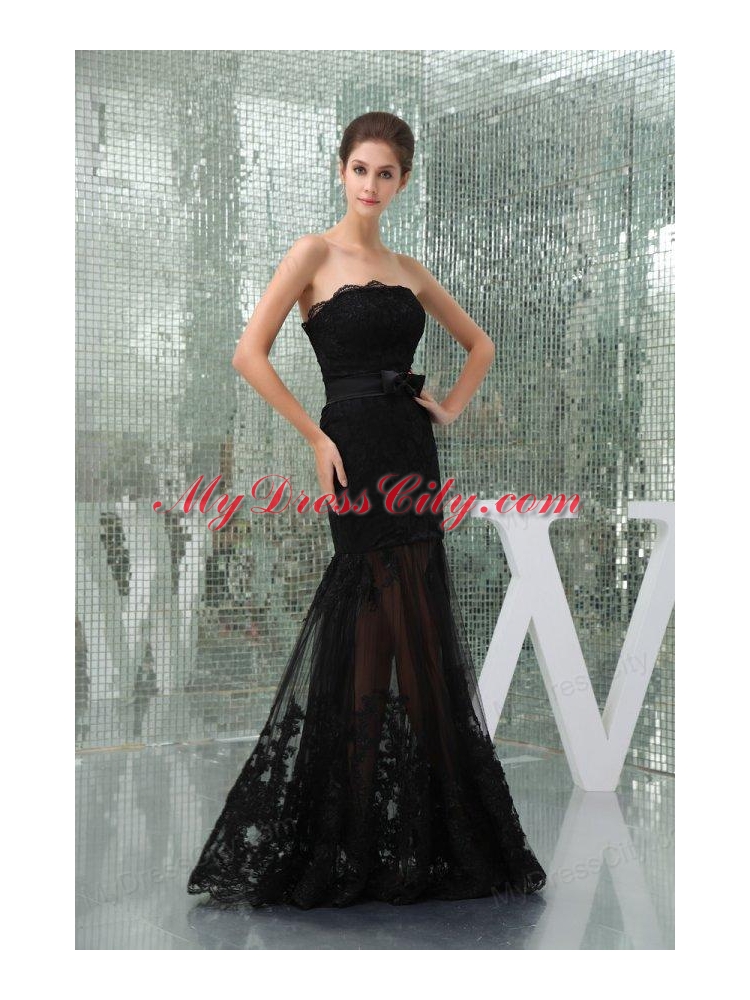 Column Black Strapless Appliques Tulle Formal Evening Prom Dress