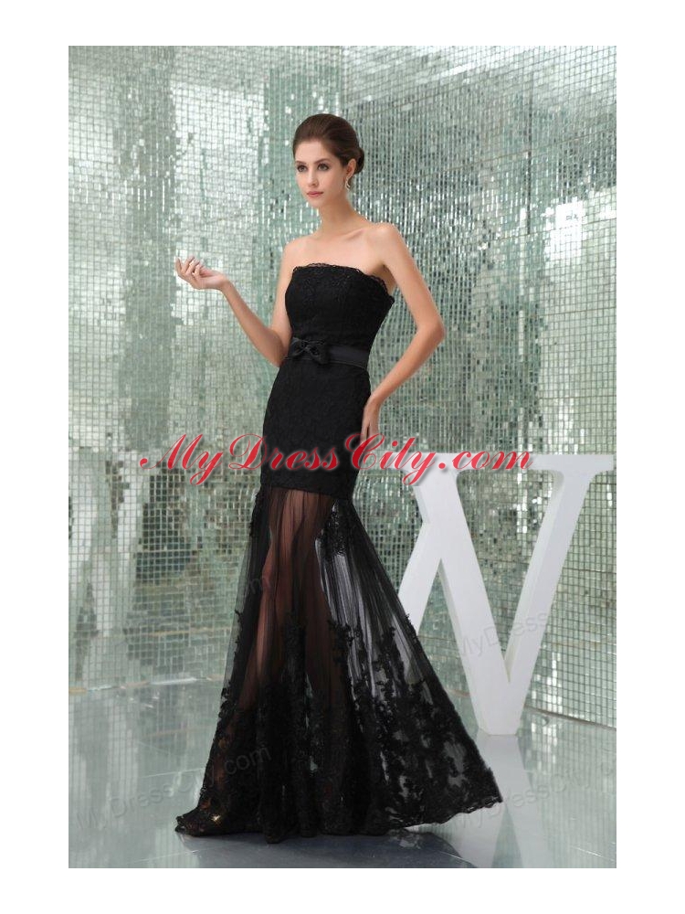 Column Black Strapless Appliques Tulle Formal Evening Prom Dress