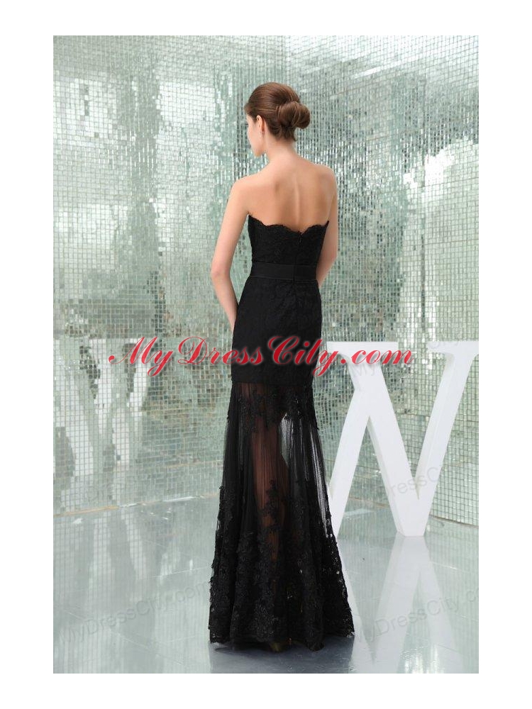 Column Black Strapless Appliques Tulle Formal Evening Prom Dress