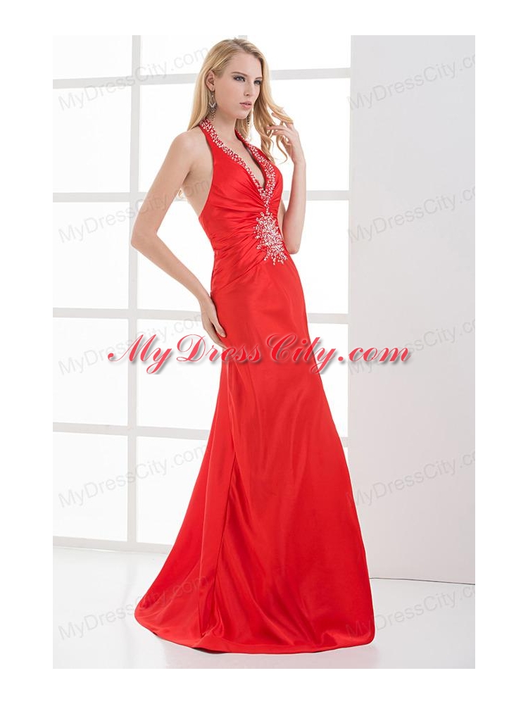 Column Halter Top Floor-length Beading Chiffon Red Prom Dress