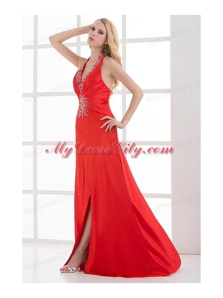 Column Halter Top Floor-length Beading Chiffon Red Prom Dress