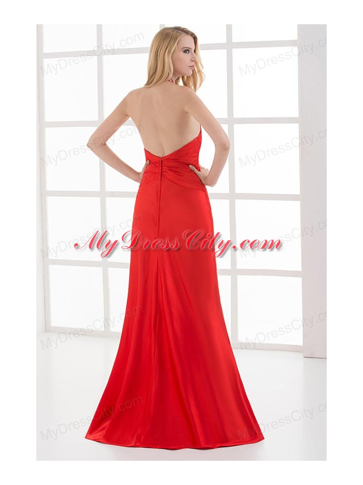 Column Halter Top Floor-length Beading Chiffon Red Prom Dress