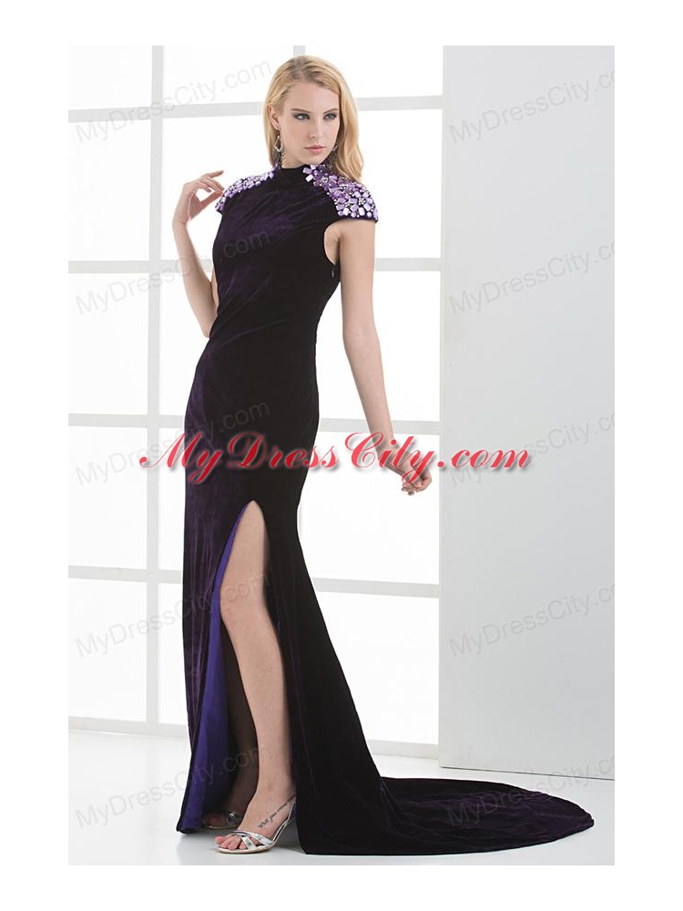 Column High-neck Cap Sleeves Dark Purple Beading High Slit Prom Dress