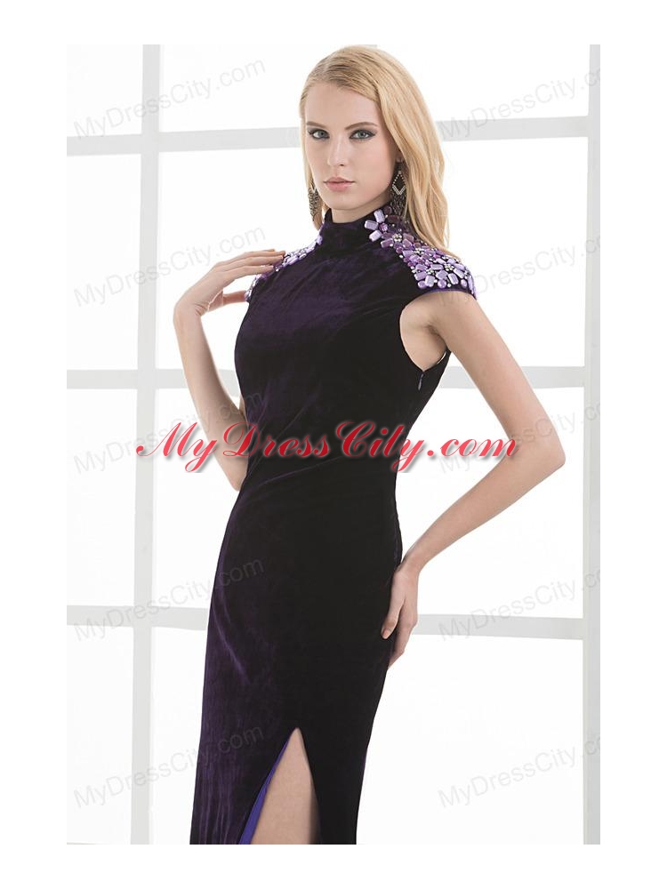 Column High-neck Cap Sleeves Dark Purple Beading High Slit Prom Dress