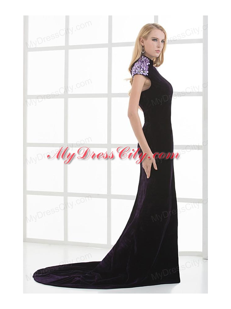 Column High-neck Cap Sleeves Dark Purple Beading High Slit Prom Dress