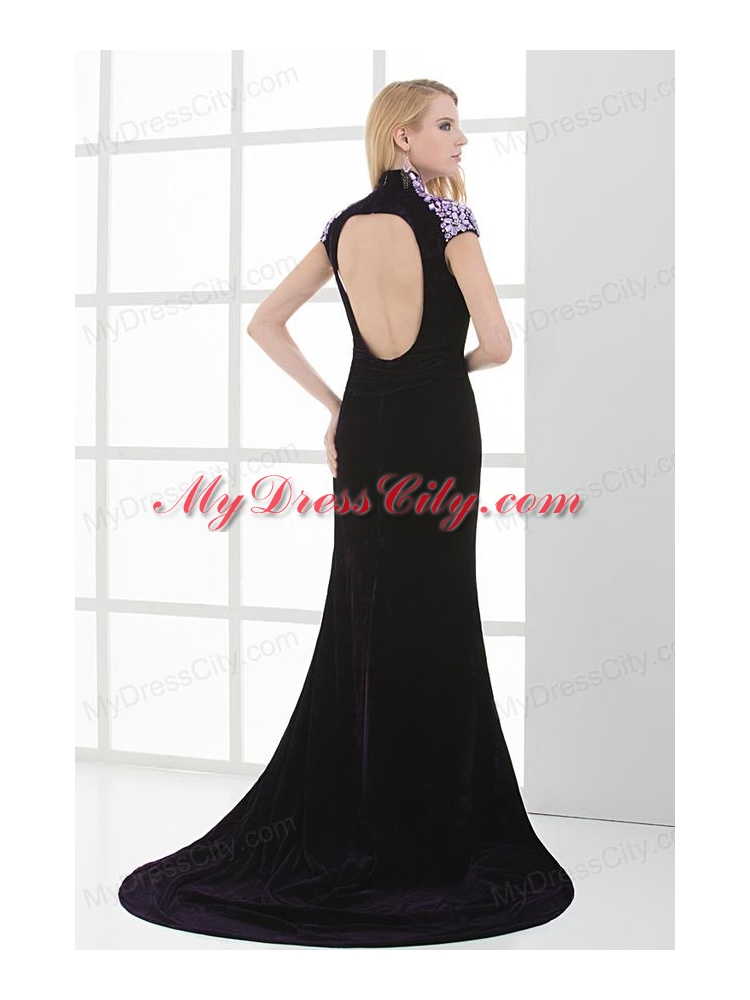 Column High-neck Cap Sleeves Dark Purple Beading High Slit Prom Dress