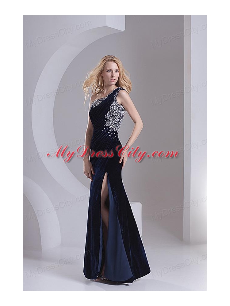 Column Navy Blue One Shoulder Appliques Sleeveless Prom Dress