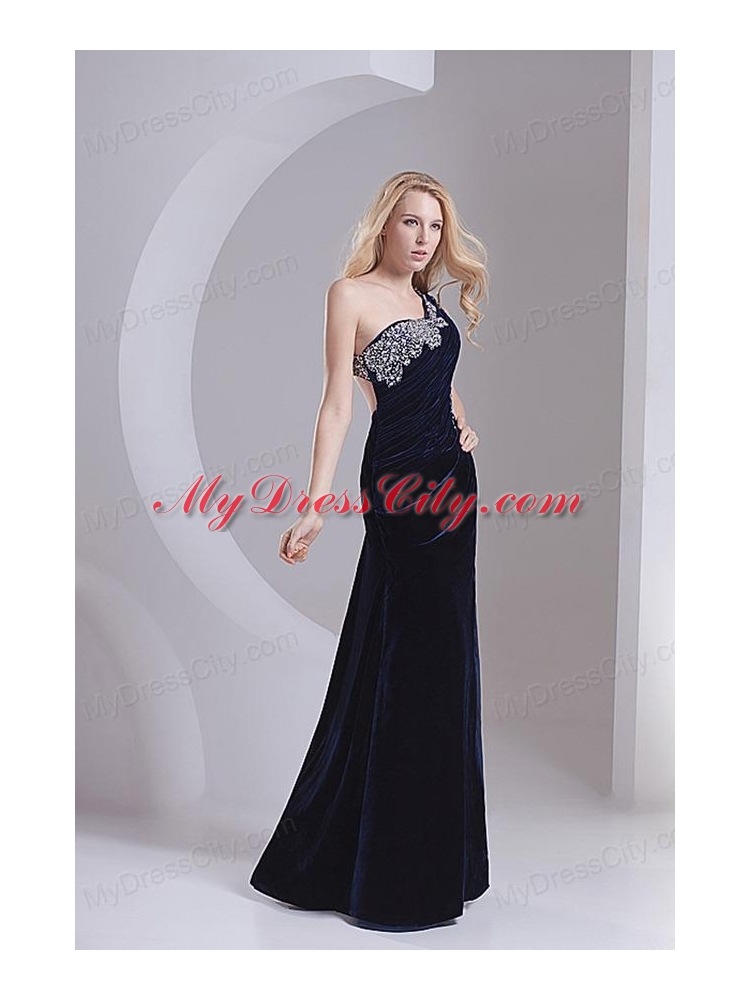 Column Navy Blue One Shoulder Appliques Sleeveless Prom Dress