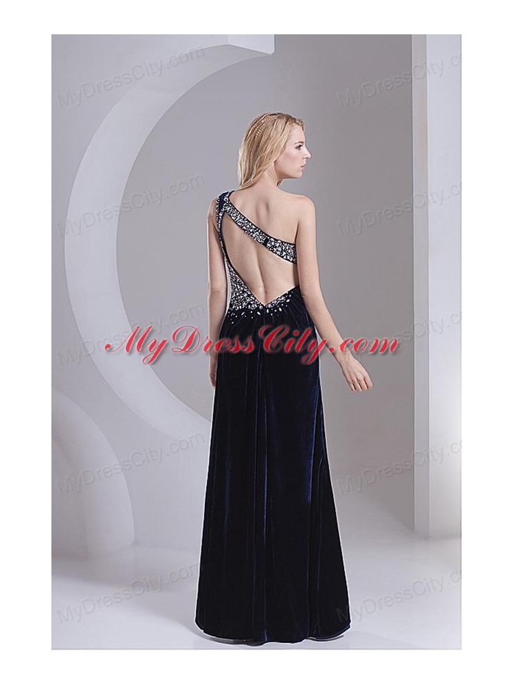 Column Navy Blue One Shoulder Appliques Sleeveless Prom Dress