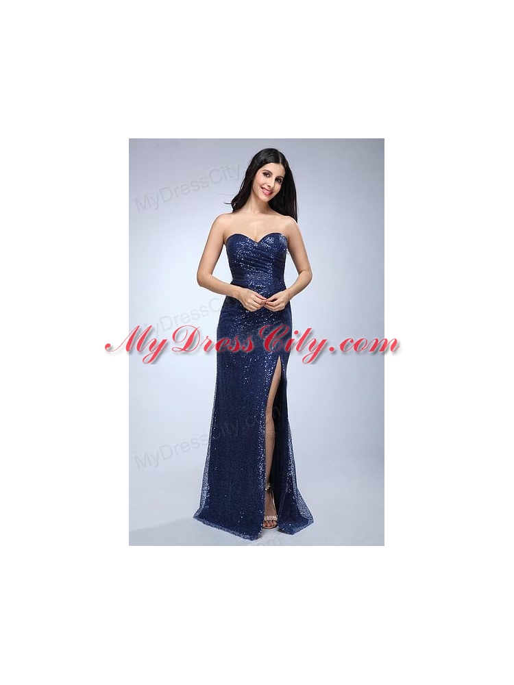 Column Navy Blue Sweetheart Sequins Floor-length High Slit Prom Dress