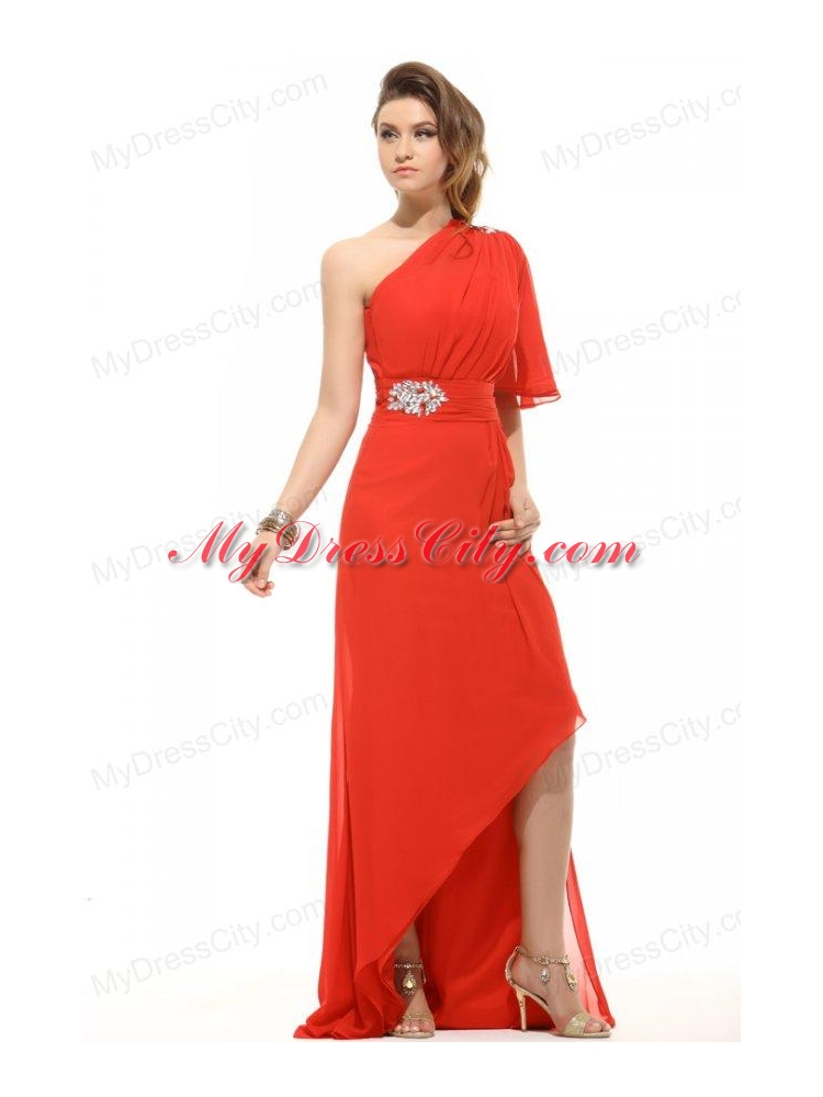 Column One Shoulder Beading High-low Chiffon Prom Dress with Side Zipper