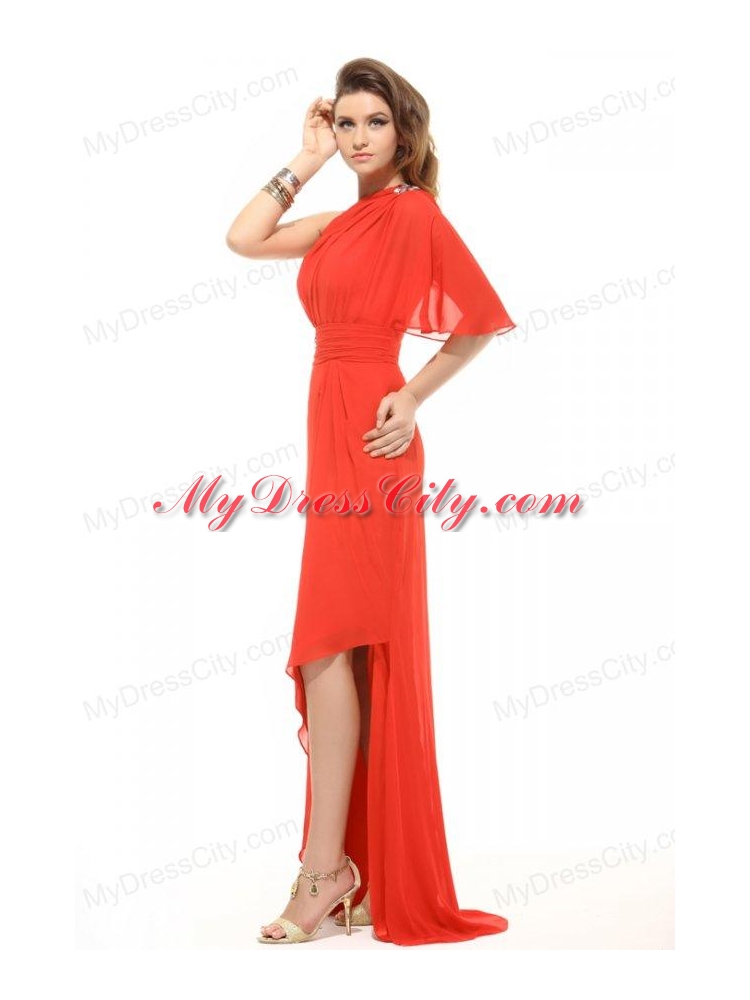 Column One Shoulder Beading High-low Chiffon Prom Dress with Side Zipper