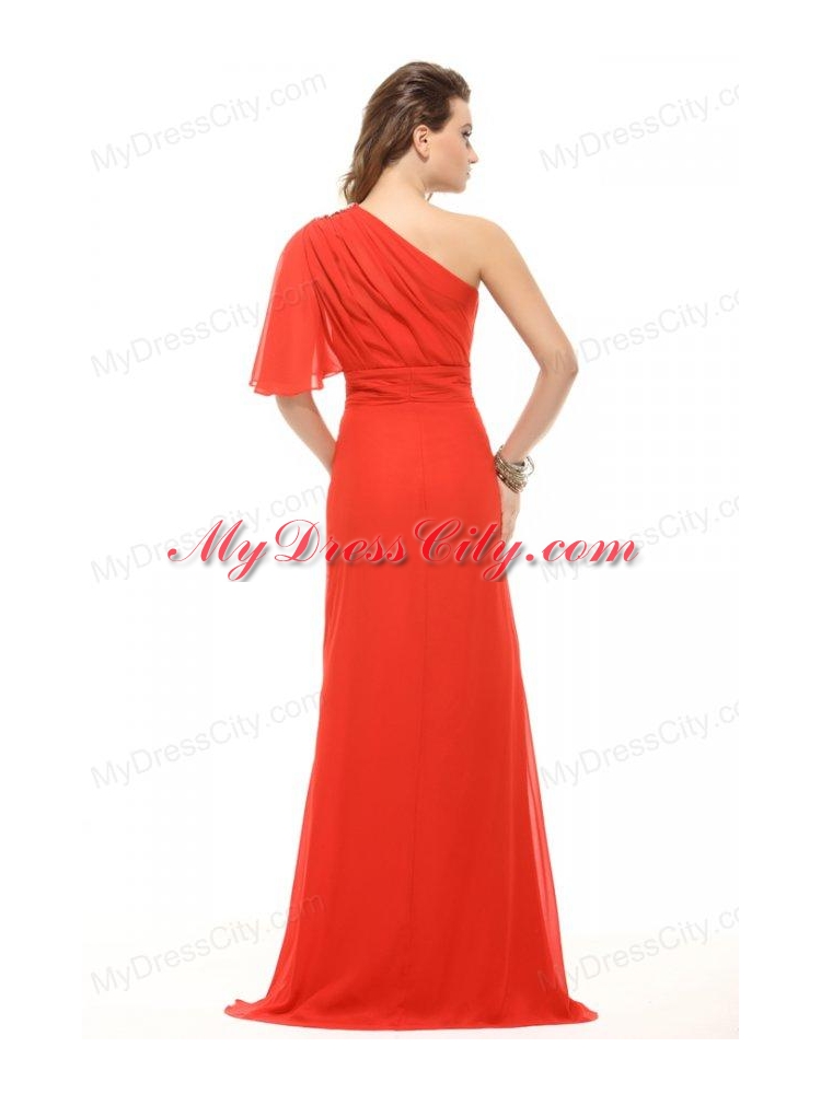 Column One Shoulder Beading High-low Chiffon Prom Dress with Side Zipper