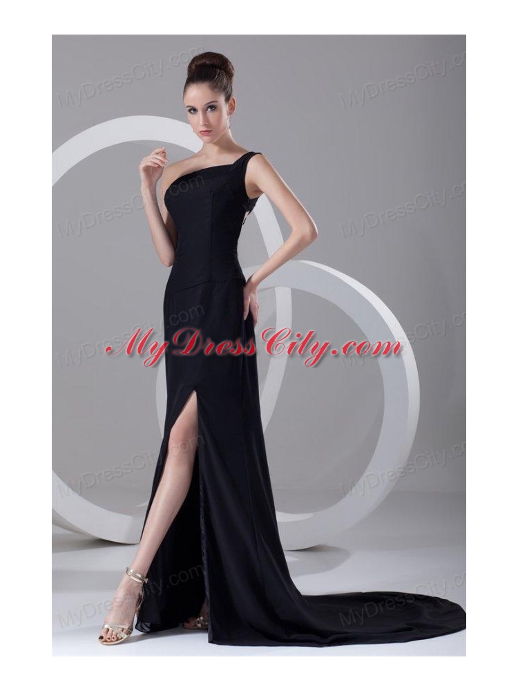 Column One Shoulder Black Ruching Prom Dress with Brush Train