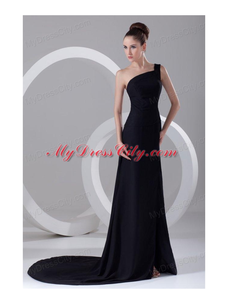 Column One Shoulder Black Ruching Prom Dress with Brush Train