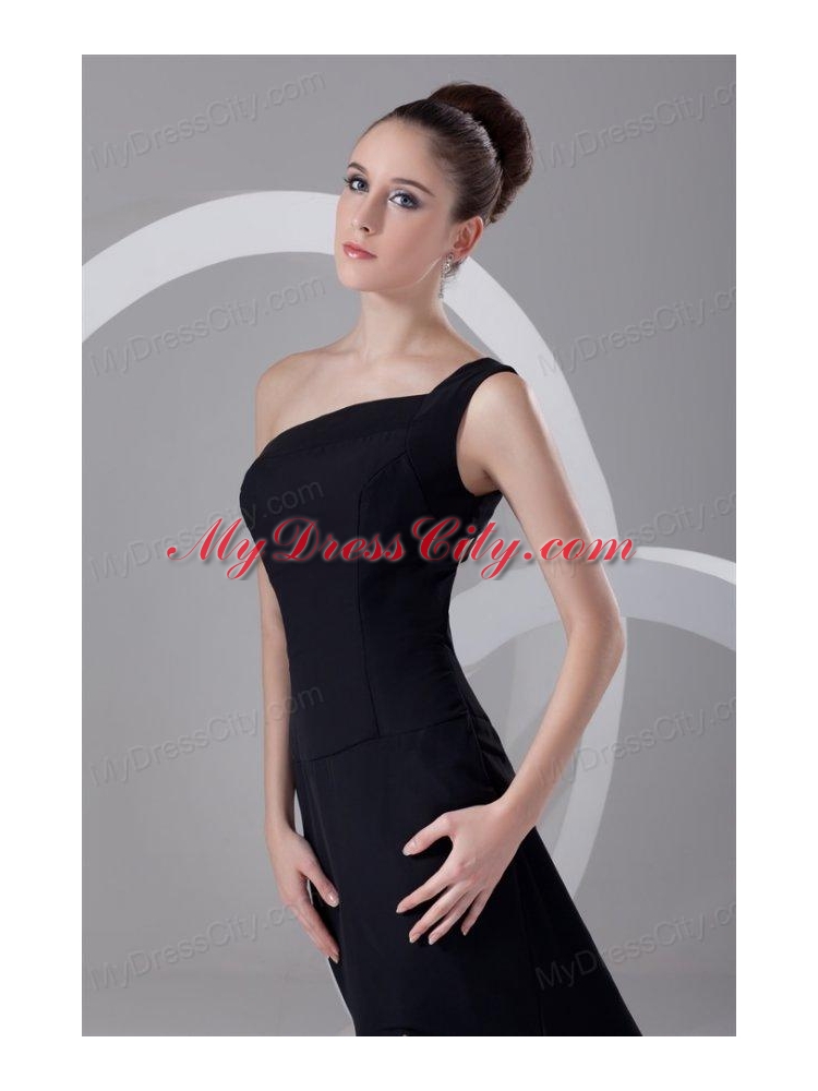 Column One Shoulder Black Ruching Prom Dress with Brush Train