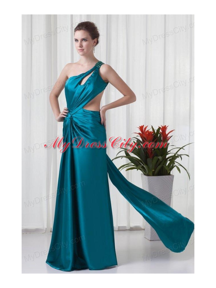 Column One Shoulder Teal Ruching Elastic Woven Satin Prom Dress with Criss Cross