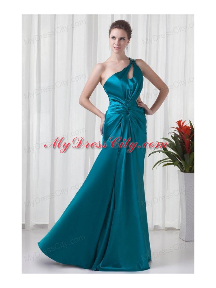 Column One Shoulder Teal Ruching Elastic Woven Satin Prom Dress with Criss Cross