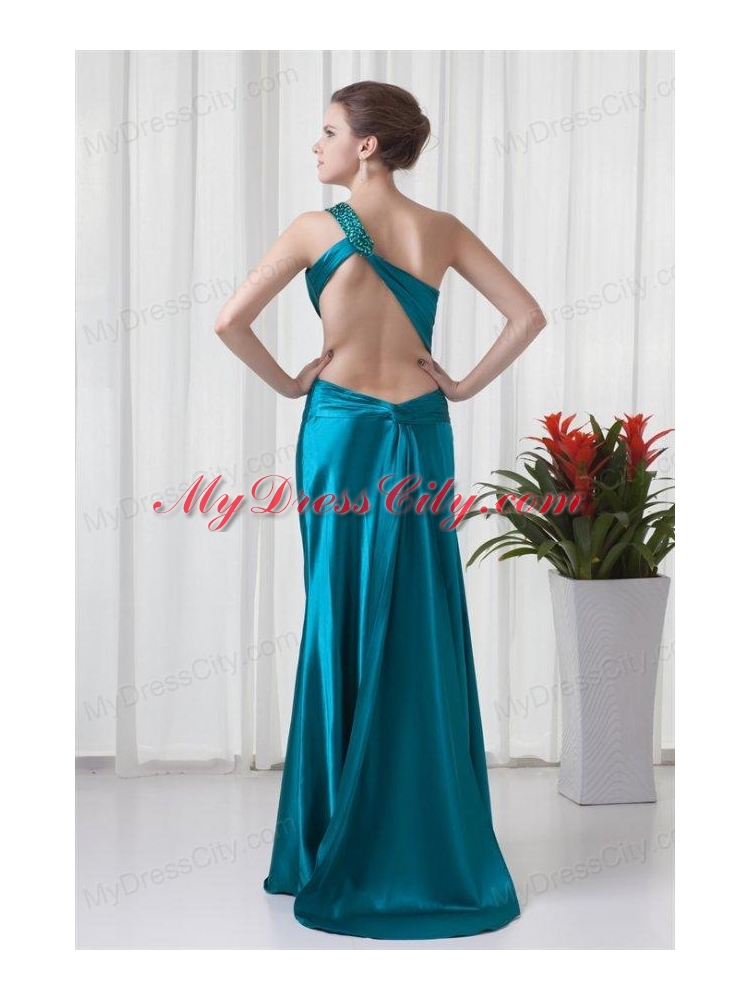 Column One Shoulder Teal Ruching Elastic Woven Satin Prom Dress with Criss Cross