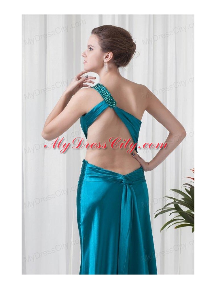 Column One Shoulder Teal Ruching Elastic Woven Satin Prom Dress with Criss Cross