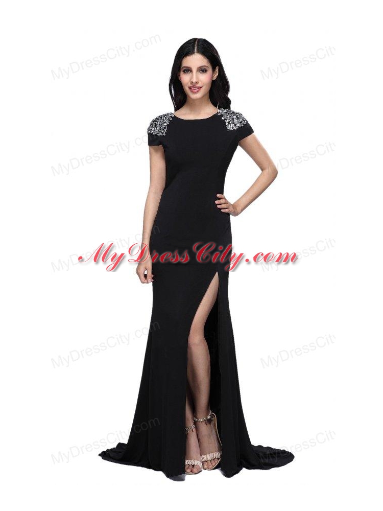 Column Scoop Cap Sleeves High Slit Brush Train Beading Prom Dress