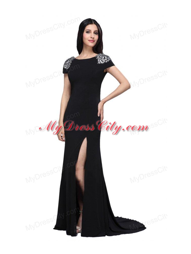 Column Scoop Cap Sleeves High Slit Brush Train Beading Prom Dress