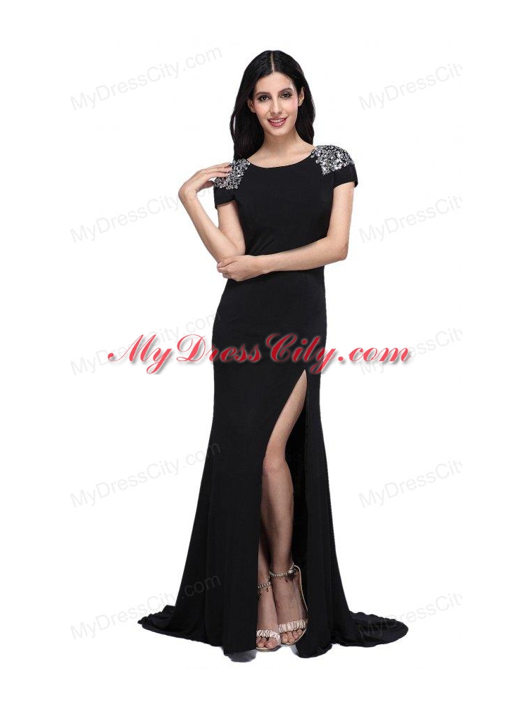 Column Scoop Cap Sleeves High Slit Brush Train Beading Prom Dress