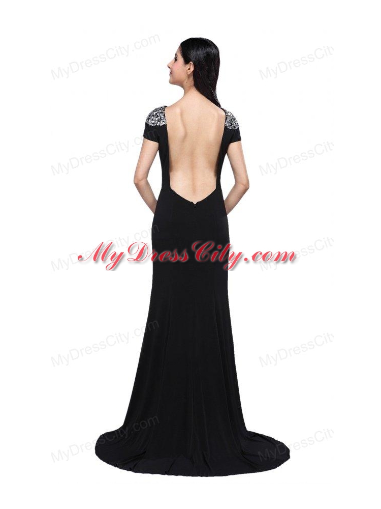 Column Scoop Cap Sleeves High Slit Brush Train Beading Prom Dress