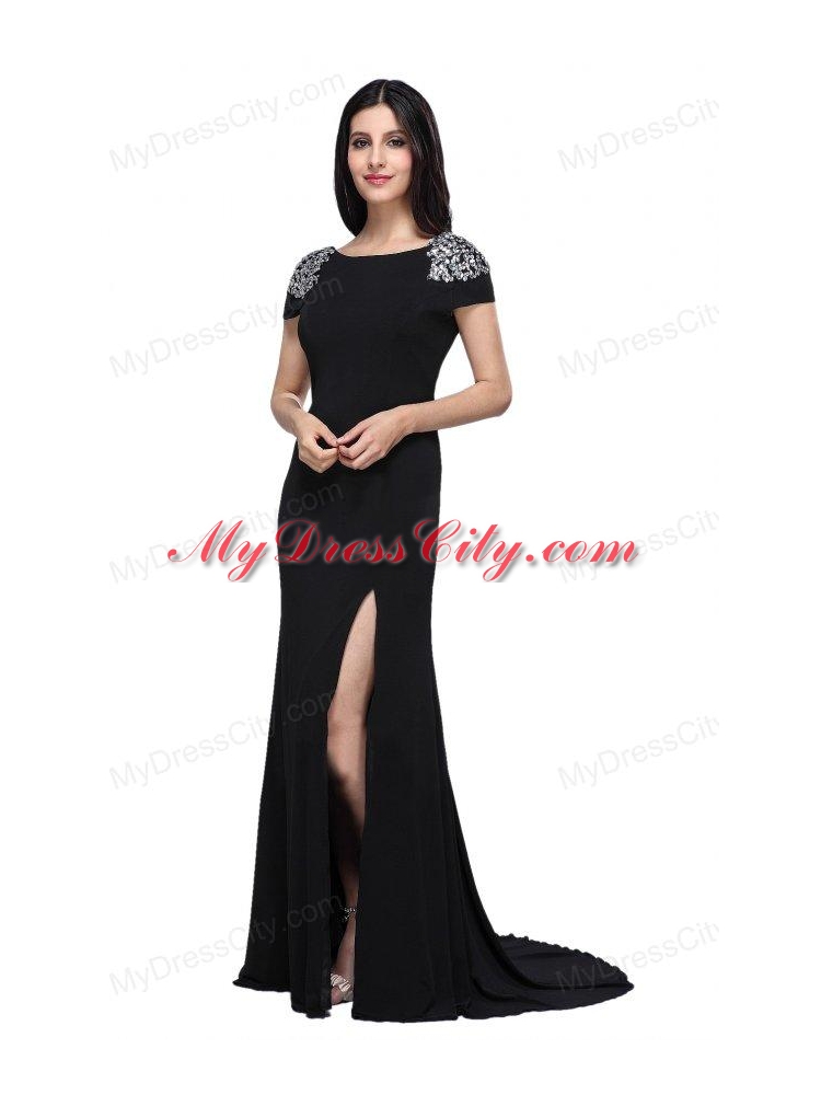 Column Scoop Cap Sleeves High Slit Brush Train Beading Prom Dress