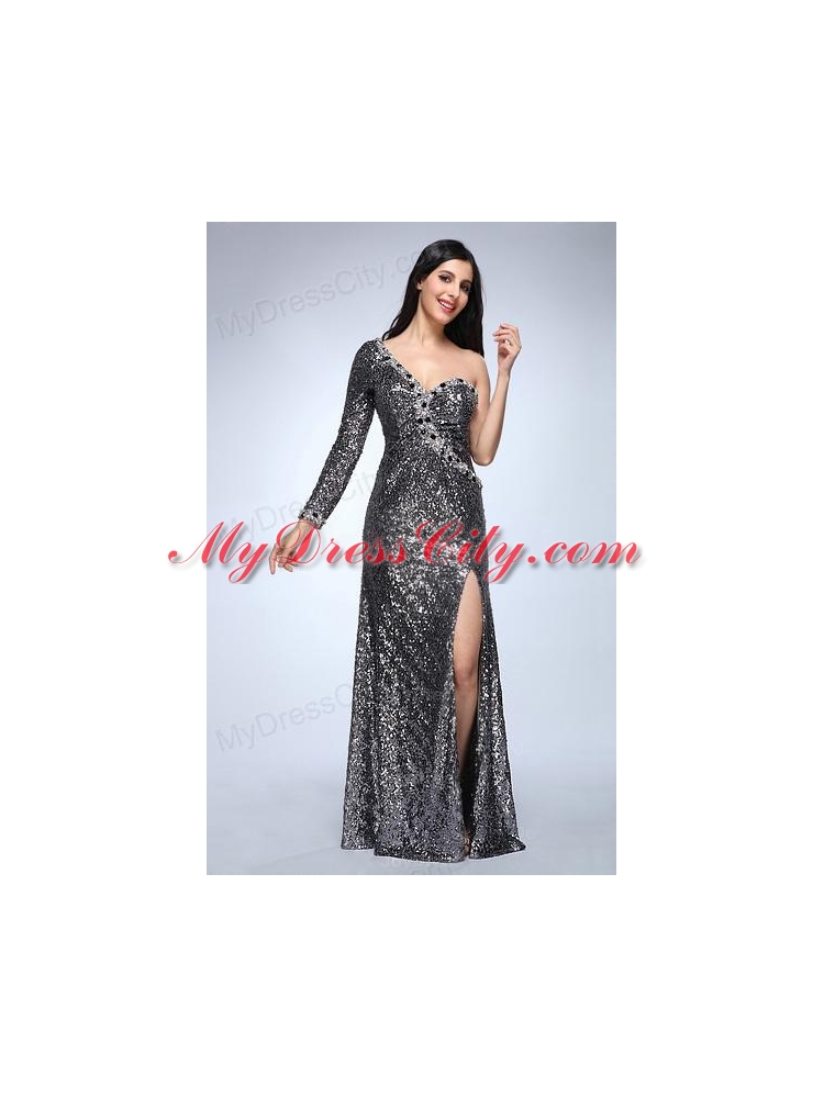 Column Silver One Shoulder Long Sleeves Strapless High Slit Sequins Prom Dress