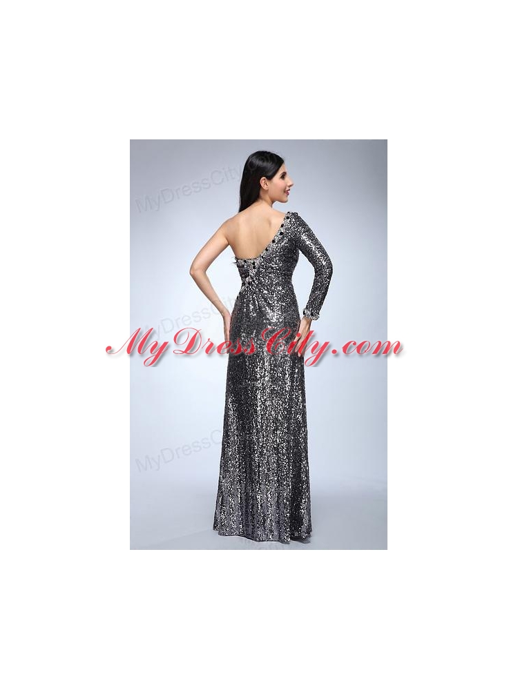 Column Silver One Shoulder Long Sleeves Strapless High Slit Sequins Prom Dress