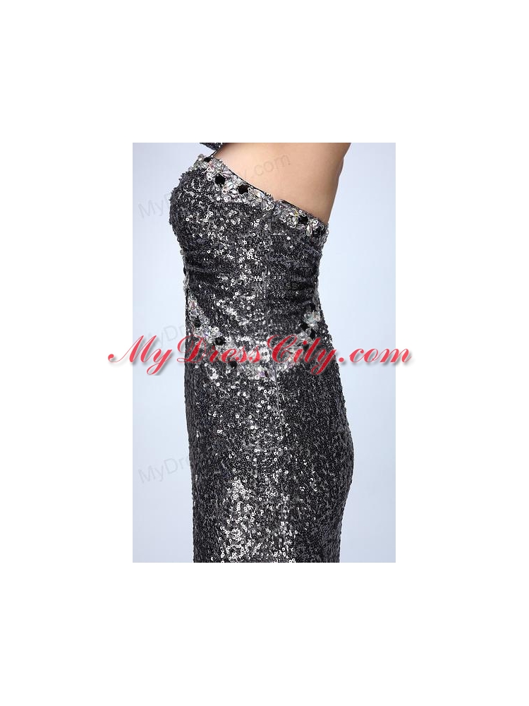 Column Silver One Shoulder Long Sleeves Strapless High Slit Sequins Prom Dress