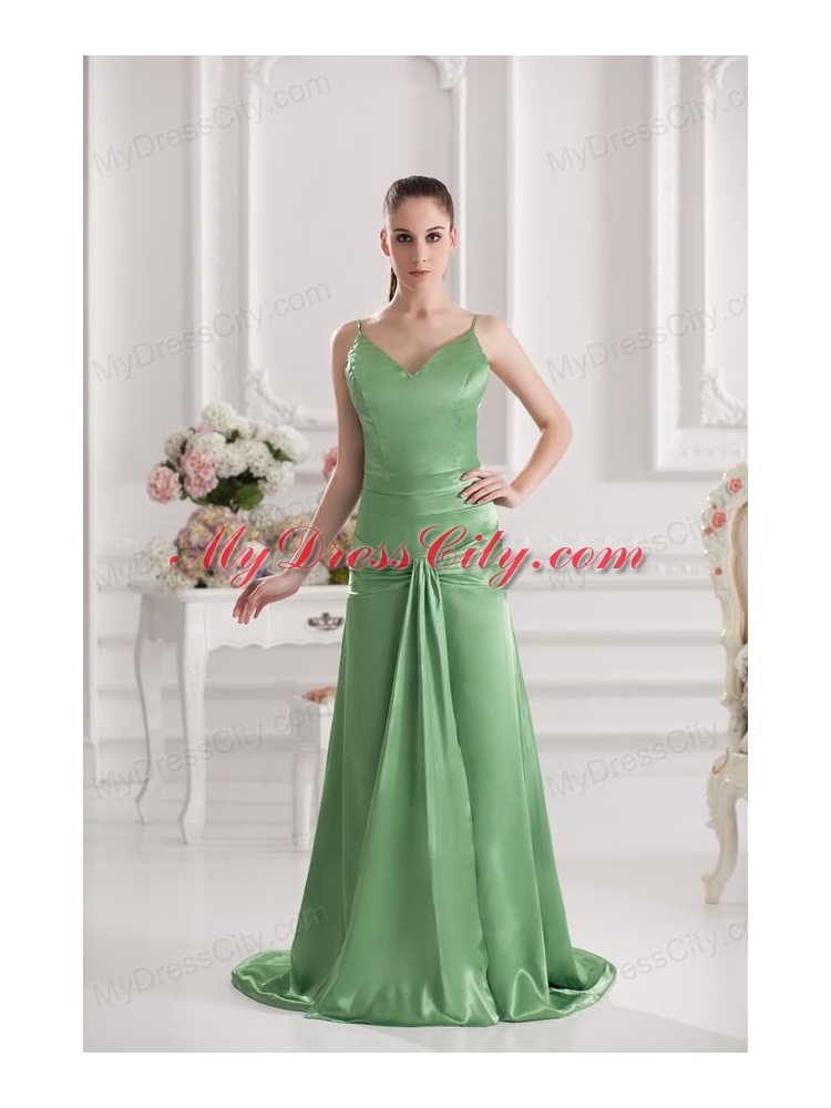 Column Spaghetti Straps Floor-length Ruching Taffeta Green Prom Stress