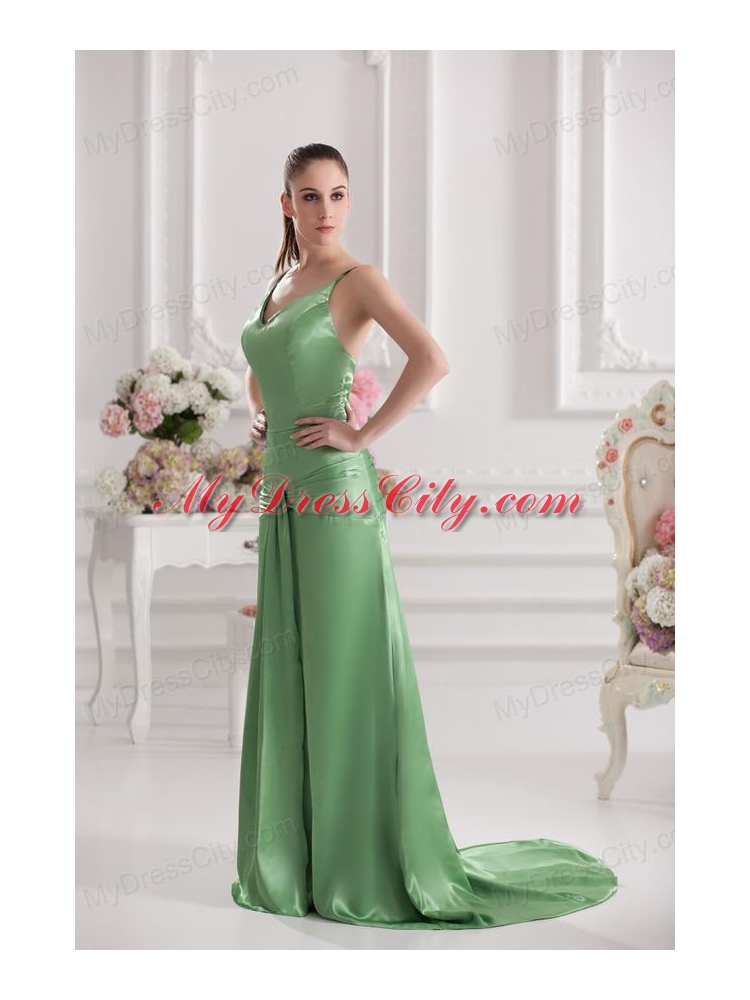 Column Spaghetti Straps Floor-length Ruching Taffeta Green Prom Stress