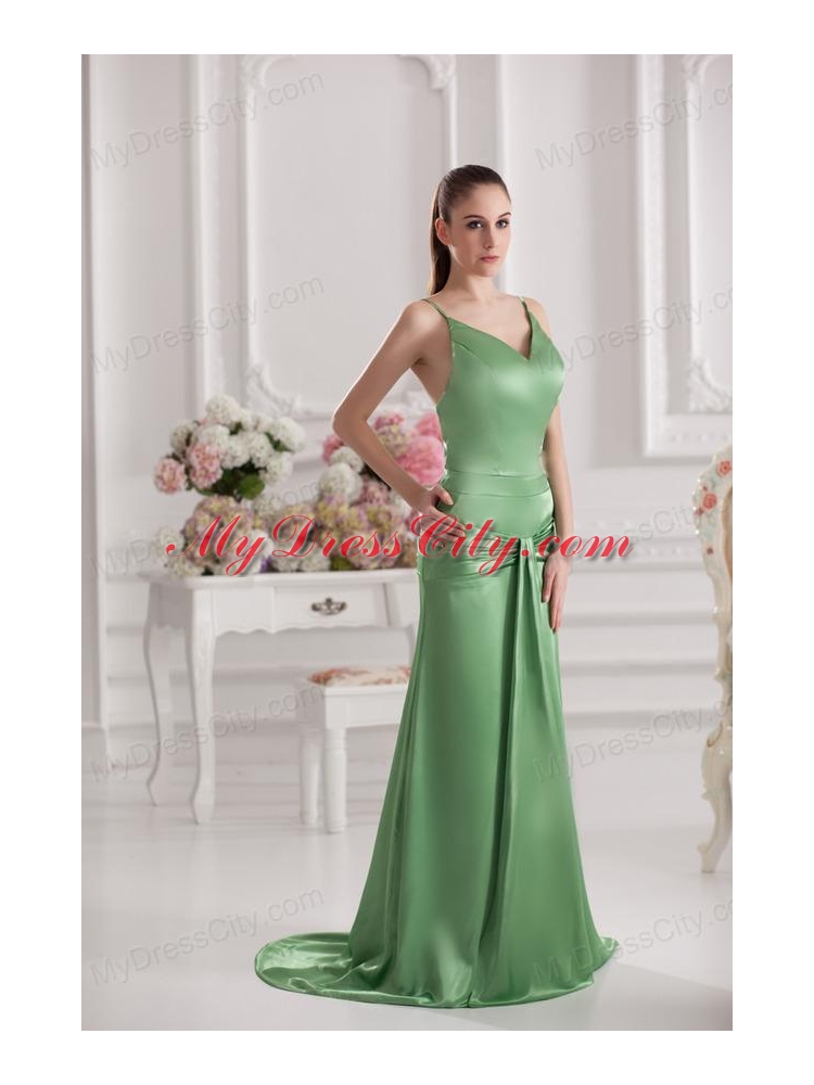 Column Spaghetti Straps Floor-length Ruching Taffeta Green Prom Stress