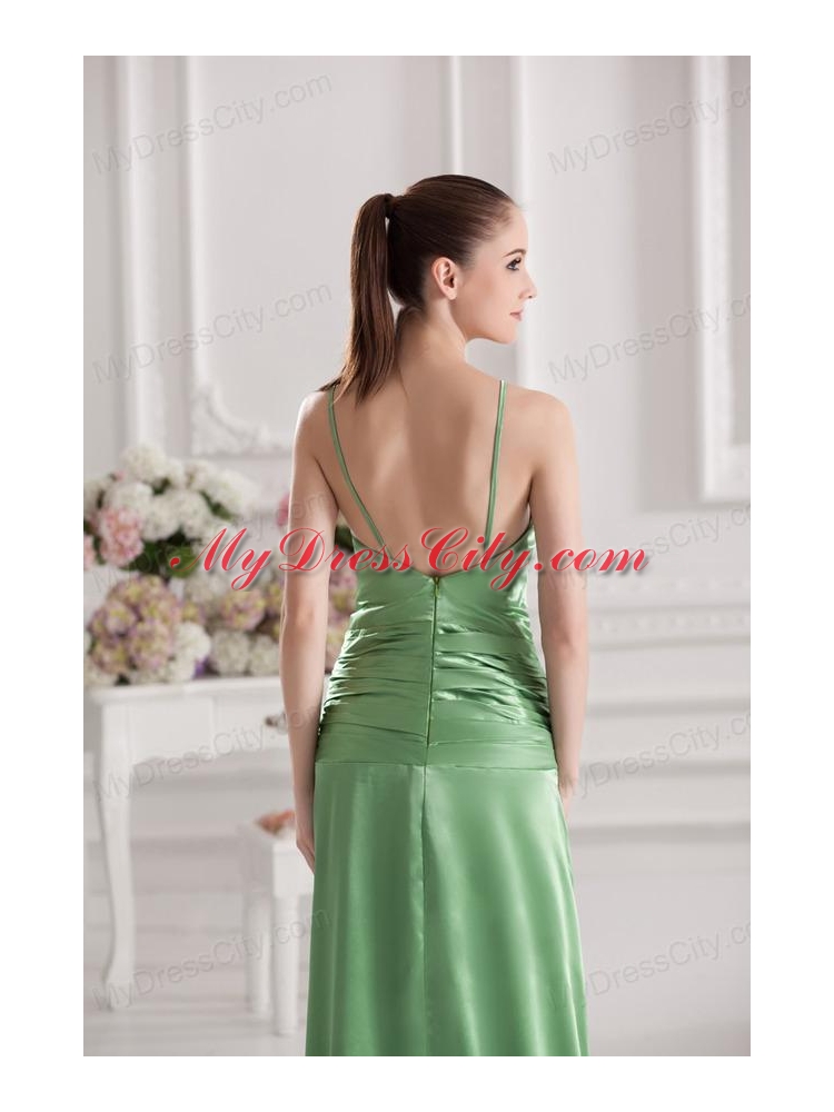 Column Spaghetti Straps Floor-length Ruching Taffeta Green Prom Stress