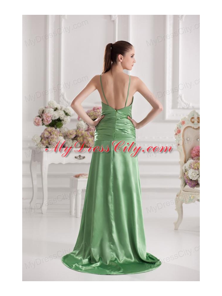 Column Spaghetti Straps Floor-length Ruching Taffeta Green Prom Stress