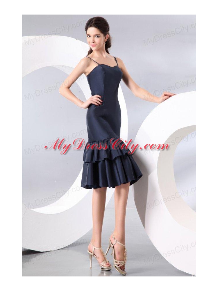 Column Spaghetti Straps Taffeta Navy Blue Prom Dress